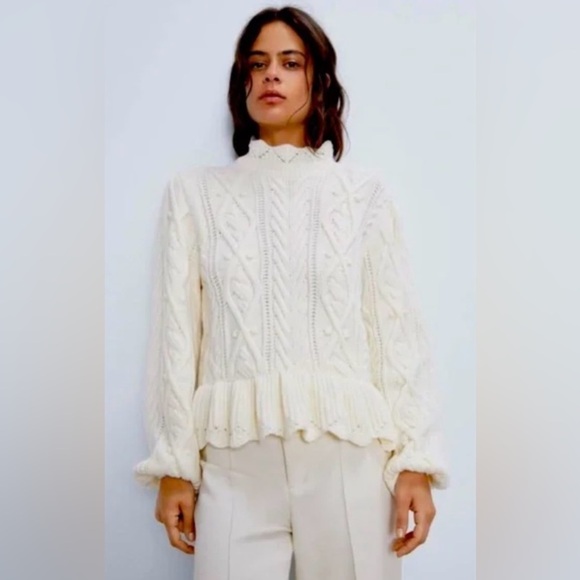 NWOT Zara Wool Blend Peplum Cable Knit Warm High Neck Cream Sweater Size Medium - Picture 2 of 13